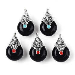 Tibetan Style Resin Pendants, with Alloy & Enamel, Teardrop, Antique Silver, Black, 26.5~28x16x13~14mm, Hole: 2.5mm(RESI-T022-16K)