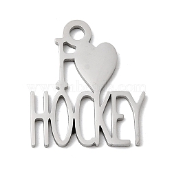 304 Stainless Steel Pendants, I Love Hockey Charm, Lead Free & Cadmium Free & Nickel Free, Stainless Steel Color, 22.5x19.5x1mm, Hole: 2.5mm(STAS-H247-09P)