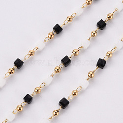 Handmade Acrylic Beaded Chains, with Brass Findings, Soldered, Spool, Square, Real 18K Gold Plated, Black, 2.5x2.5x2.5mm, about 16.4 Feet(5m)/roll(CHC-S012-001-A02-G)