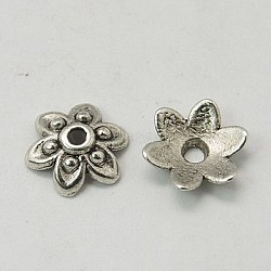 Tibetan Style Bead Caps, Lead Free and Cadmium Free, Flower, Silver Color Plated, 9x3mm, Hole: 1mm(K08V9021)