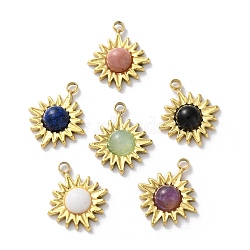 Natural Mixed Stone Charms, Ion Plating(IP) 304 Stainless Steel Sun Charms, Mixed Dyed & Undyed, Real 18K Gold Plated, 15x12.5x3.5mm, Hole: 1.6mm(STAS-Z099-09G)