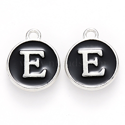 Platinum Plated Alloy Charms, Cadmium Free & Lead Free, with Enamel, Enamelled Sequins, Flat Round with Letter, Letter.E, 14x12x2mm, Hole: 1.5mm(X-ENAM-S118-02E-P)