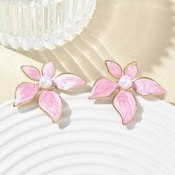 304 Stainless Steel Enamel & ABS Plastic Pearl Stud Earrings for Women, Flower, PVD Vacuum Plating, Golden, Hot Pink, 28x29mm(SA-CBA2696-28G-01)