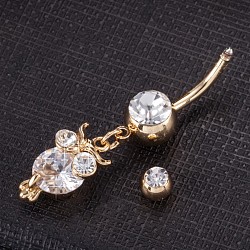 Piercing Jewelry, Brass Cubic Zirconia Navel Ring, Belly Rings, with 304 Stainless Steel Bar, Cadmium Free & Lead Free, Real 18K Gold Plated, Owl, White, 40x9mm, Bar Length: 3/8"(10mm), Bar: 14 Gauge(1.6mm)(AJEW-EE0003-36A)
