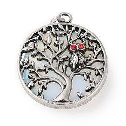 Opalite Tree of Life with Owl Pendants, Rack Plating Anstique Silver Plated Alloy Siam Rhinestone Flat Round Charms, Lead Free & Cadmium Free, 31.5x27.5x10~11mm, Hole: 8x4mm(G-L524-15AS-02)