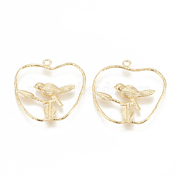 Brass Pendants, Bird and Branch, Nickel Free, Real 18K Gold Plated, 30x30x2.5mm, Hole: 1.5mm(KK-S341-02)