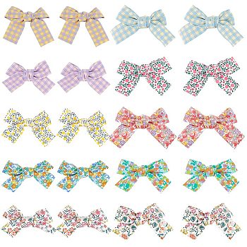 20Pcs 10 Colors Flower/Tartan Pattern Cloth Bowknot for Costume Ornaments, Hair Barrette Making Accessories, Mixed Color, 54x72~86x10.5~11.5mm, 2pcs/color