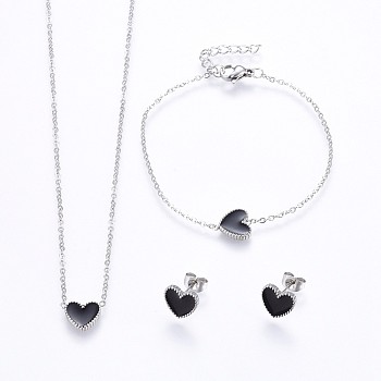 304 Stainless Steel Jewelry Sets, Pendant Necklaces & Stud Earrings & Bracelets, with Enamel, Heart, Stainless Steel Color, 16.93 inch(43cm), 7-1/8 inch(18cm), 9x10x2mm, Pin: 0.8mm