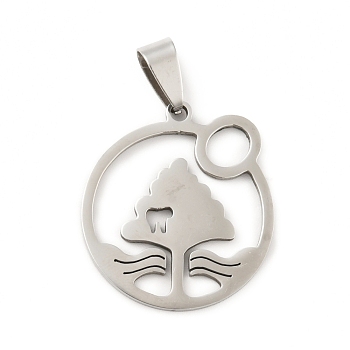 201 Stainless Steel Pendants, Ring with Tree, Stainless Steel Color, 27.5x25x1.5mm, Hole: 8x4mm