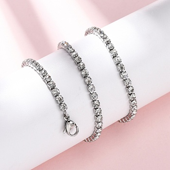 3MM 304 Stainless Steel Rhinestone Cup Chain Necklaces for Women, Stainless Steel Color, Crystal, 16.54 inch(42cm)