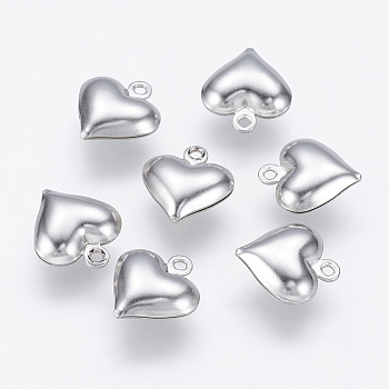304 Stainless Steel Charms, Puffed eart, Surface, Stainless Steel Color, 13x11.5x4mm, Hole: 1mm
