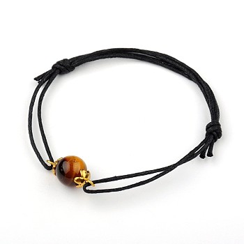 Gemstone Adjustable Link Bracelets, with Alloy Bead Caps and Waxed Cotton Cord, Antique Golden, Tiger Eye, 43~75mm