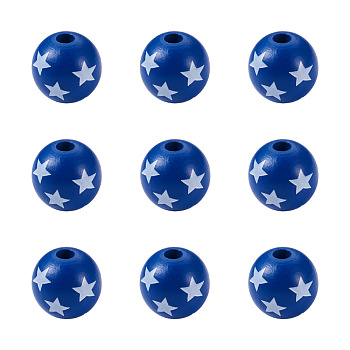 Natural Wooden Beads, DIY Jewelry Accessories, Round with Star Pattern, Blue, 5/8 inch(16mm), Hole: 4mm