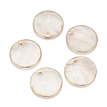 Natural Capiz Shell Pendants, Brass Edge Plated, Flat Round, Light Gold, 25x1~1.5mm, Hole: 1.2mm