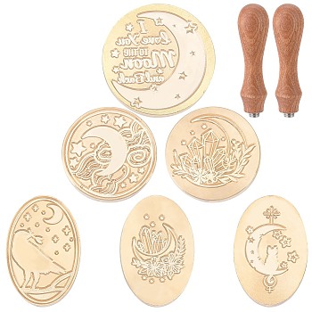 DIY Scrapbook, Including 6Pcs Brass Wax Seal Stamp Heads and 2Pcs Pear Wood Handle, Moon & Bird Pattern, Golden, Stamp Heads: 6pcs