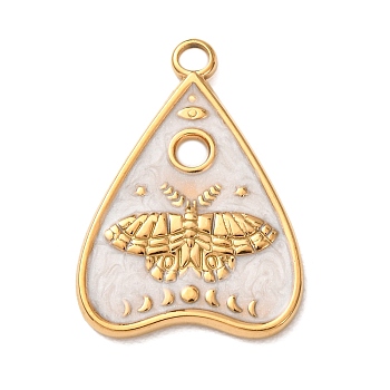 304 Stainless Steel White Enamel Pendants, Heart with Moth Pattern Charms, Golden, 28x20x2mm, Hole: 2mm
