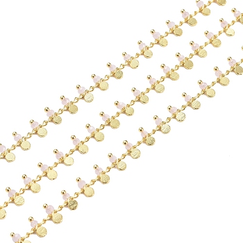 3.28 Feet Handmade Faceted Glass Beaded Chains, Soldered, with Brass Findings, Golden, Long-Lasting Plated, Misty Rose, 7~7.5x3x2~2.5mm