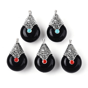 Tibetan Style Resin Pendants, with Alloy & Enamel, Teardrop, Antique Silver, Black, 26.5~28x16x13~14mm, Hole: 2.5mm