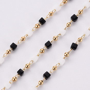 Handmade Acrylic Beaded Chains, with Brass Findings, Soldered, Spool, Square, Real 18K Gold Plated, Black, 2.5x2.5x2.5mm, about 16.4 Feet(5m)/roll