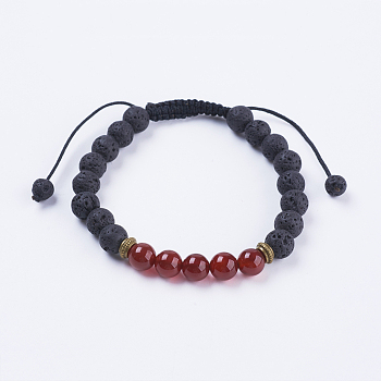 Adjustable Nylon Cord Braided Bead Bracelets, with Lava Rock, Carnelian Beads & Alloy Findings, 2-1/8 inch(54mm)