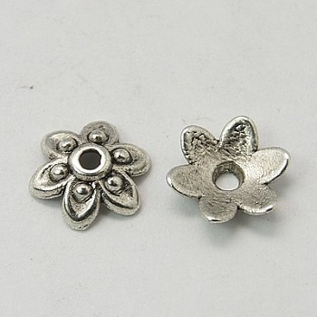 Tibetan Style Bead Caps, Lead Free and Cadmium Free, Flower, Silver Color Plated, 9x3mm, Hole: 1mm