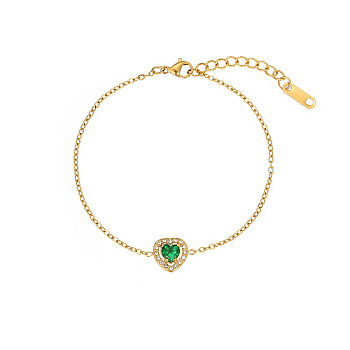 Cubic Zirconia Heart Link Bracelet with Golden Stainless Steel Chains, Green, 6-1/4 inch(16cm)