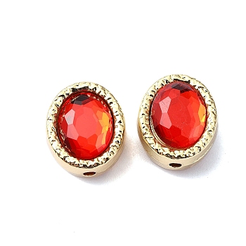 Rack Plating Alloy Beads, with Glass, Oval, Golden, Red, 13.5x11.5x8mm, Hole: 1.6mm