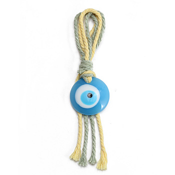 Flat Round with Evil Eye Resin Pendant Decorations, Cotton Cord Braided Tassel Hanging Ornament, Light Sky Blue, 133mm