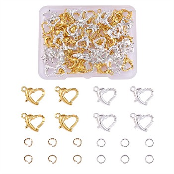 80Pcs 2 Colors Alloy Lobster Claw Clasps, Heart, Cadmium Free & Lead Free, Golden & Silver, 11.5x8x3mm, Hole: 1.2mm, 40pcs/color