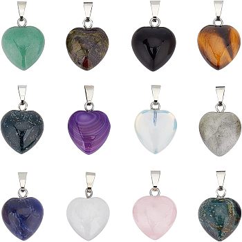 12Pcs 12 Style Natural & Synthetic Gemstone Pendants, with Platinum Brass Loops, Heart, 19x15.5x7.5mm, Hole: 6x2.5mm, 1pc/style