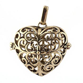 Rack Plating Brass Cage Pendants, For Chime Ball Pendant Necklaces Making, Hollow Heart, Antique Bronze, 30x34x18mm, Hole: 3.5x7mm, inner measure: 22x25mm