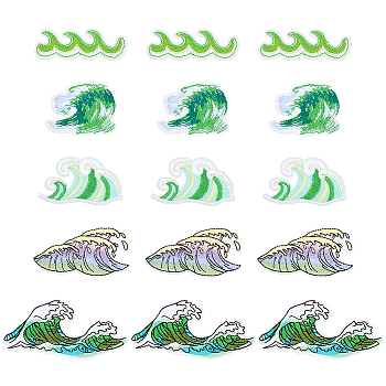 15Pcs 5 Styles Polyester Thread Computerized Embroidery Iron On/Sew On Patches, Chenille Appliques, Wave, Green, 26~50x55~98x1.5mm, 3pcs/style
