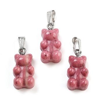 Natural Rhodonite Pendants, with Stainless Steel Color Tone 201 Stainless Steel Findings, Bear, 27.5mm, Hole: 2.5x7.5mm, Bear: 21x11x6.5mm