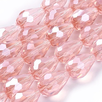 Electroplate Glass Beads Strands, Pearl Luster Plated, Faceted, Drop, Light Salmon, 15x10mm, Hole: 1.5mm, about 44~48pcs/strand, 25.20~28.35 inch