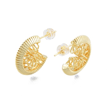 Brass Chunky C-shape Stud Earrings, Half Hoop Earrings for Women, Real 18K Gold Plated, 20x17x6mm, Pin: 0.9mm