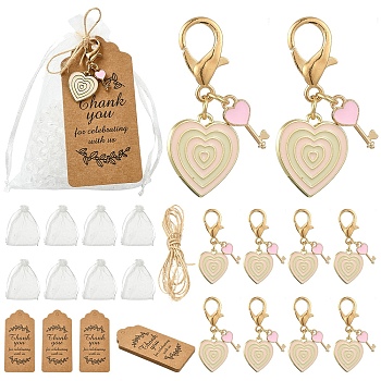 Alloy Pendant Decorations, Heart, with Alloy Lobster Claw Clasps and Organza Bags and Paper Card and Jute Cord, Golden, 44mm