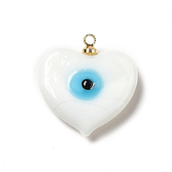 Handmade Lampwork Pendants, with Real 18K Gold Plated Plated Brass Finding, Cadmium Free & Lead Free, Heart with Evil Eye, White, 19.5x18.2x5mm, Hole: 1.4mm