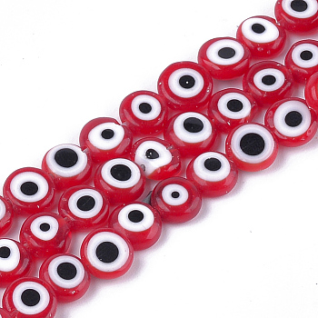 Handmade Evil Eye Lampwork Beads Strands, Flat Round, Red, 7.5~8x3~4mm, Hole: 1mm, about 48pcs/strand, 13.7 inch~14.9 inch