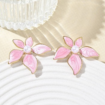 304 Stainless Steel Enamel & ABS Plastic Pearl Stud Earrings for Women, Flower, PVD Vacuum Plating, Golden, Hot Pink, 28x29mm