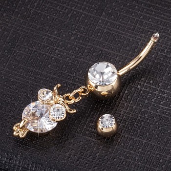 Piercing Jewelry, Brass Cubic Zirconia Navel Ring, Belly Rings, with 304 Stainless Steel Bar, Cadmium Free & Lead Free, Real 18K Gold Plated, Owl, White, 40x9mm, Bar Length: 3/8"(10mm), Bar: 14 Gauge(1.6mm)