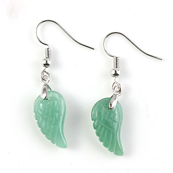 Natural Green Aventurine Wings Dangle Earrings, Platinum Plated Brass Jewelry for Women, 18x10mm