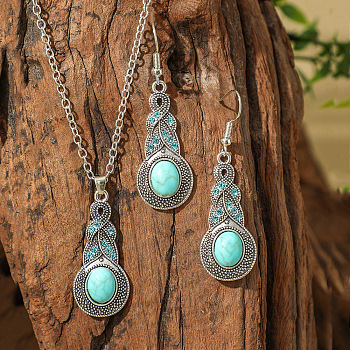 Bohemian Style Alloy & Synthetic Turquoise Pendant Necklaces & Dangle Earrings Sets, Antique Silver, Teardrop, 55x15mm