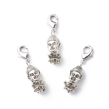 Alloy Buddha's Head & Lotus Pendant Decorations, Lobster Clasp Charms, Clip-on Charms, for Keychain, Purse, Backpack Ornament, Stitch Marker, Antique Silver & Platinum, 31mm