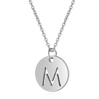 201 Stainless Steel Initial Pendants Necklaces, with Cable Chains, Flat Round with Letter, Stainless Steel Color, Letter.M, 16.3 inch(40cm), 1mm