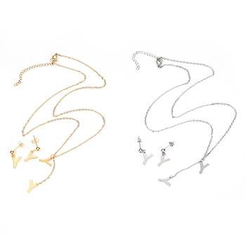 304 Stainless Steel Jewelry Sets, Cable Chains Pendant Necklaces and Stud Earrings, with Lobster Claw Clasps and Ear Nuts, Alphabet, Golden & Stainless Steel Color, Letter.Y, 17.71 inch(45cm),  11x9x0.5mm, Pin: 0.8mm