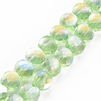Transparent Electroplate Glass Beads Strands, AB Color Plated, Faceted, Flat Round, Pale Green, 8x5mm, Hole: 1.5mm, about 72~73pcs/strand, 20.87 inch(53cm)