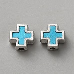 Alloy Enamel Beads, Cross, Platinum, Deep Sky Blue, 8x7.5x3.5mm, Hole: 1.7mm(FIND-WH00670-A19-12)