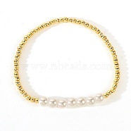 Bohemian Brass & Plastic Imitation Pearl Beaded Stretch Bracelets for Women, Golden, 6-7/8 inch(17.5cm)(FQ1250)