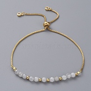 Adjustable Natural Moonstone Slider Bracelets, Bolo Bracelets, with Brass Box Chains, Cubic Zirconia, Brass Round Beads and Cardboard Packing Box, 9 inch(23cm)(X-BJEW-JB04929-02)