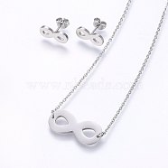 304 Stainless Steel Jewelry Sets, Stud Earrings and Pendant Necklaces, Infinity, Stainless Steel Color, Necklace: 18.9 inch(48cm), Stud Earrings: 13x7x1.2mm, Pin: 0.8mm(SJEW-O090-08P)